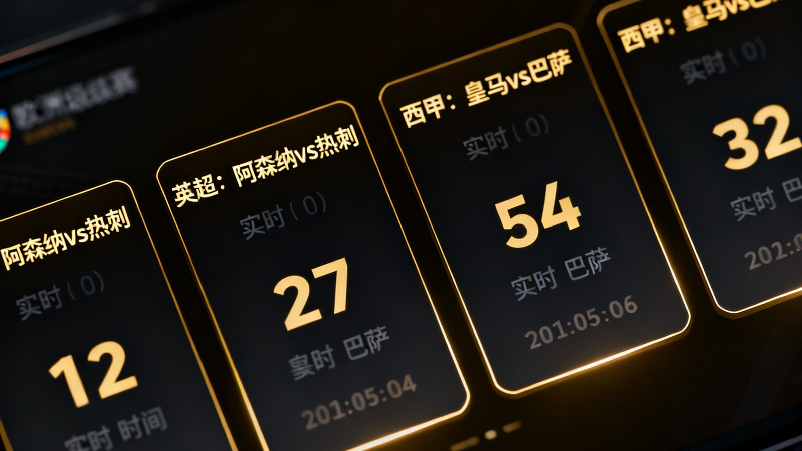 t足球闪电比分功能界面截图，展示四场同时进行的欧洲顶级联赛赛事比分卡片，包含英超阿森纳对阵热刺、西甲皇马对阵巴萨等，比分实时更新，界面采用深色主题配金色高亮